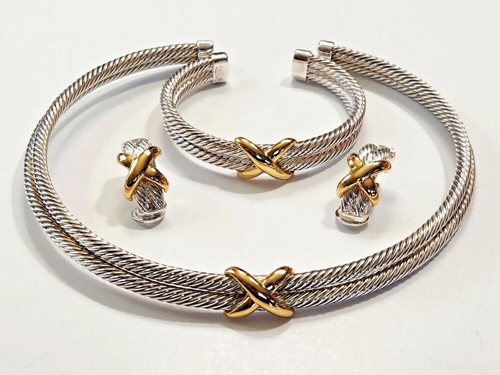 Vtg Premier Designs 3pc Set Cable Choker Torq Necklace Cuff Convertable Earrings